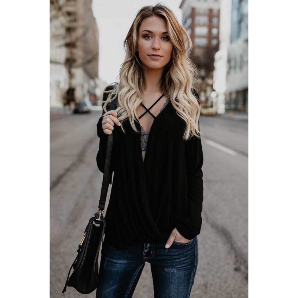 Black Surplice Criss Cross Top - Picture 3 of 6